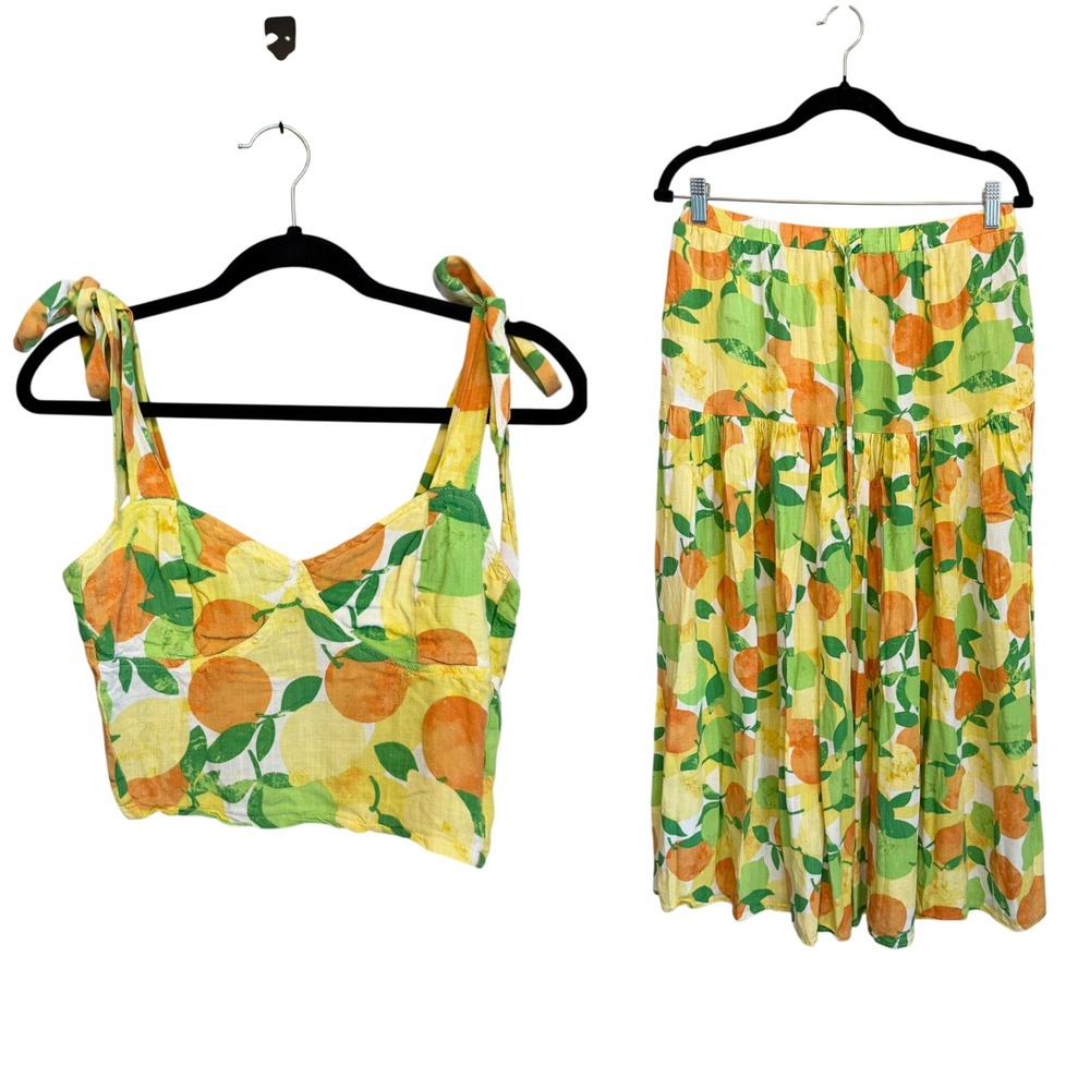 Rose + Olive Resort Citrus Print 2 Piece Set Crop Top Maxi Skirt Orange Lemon M